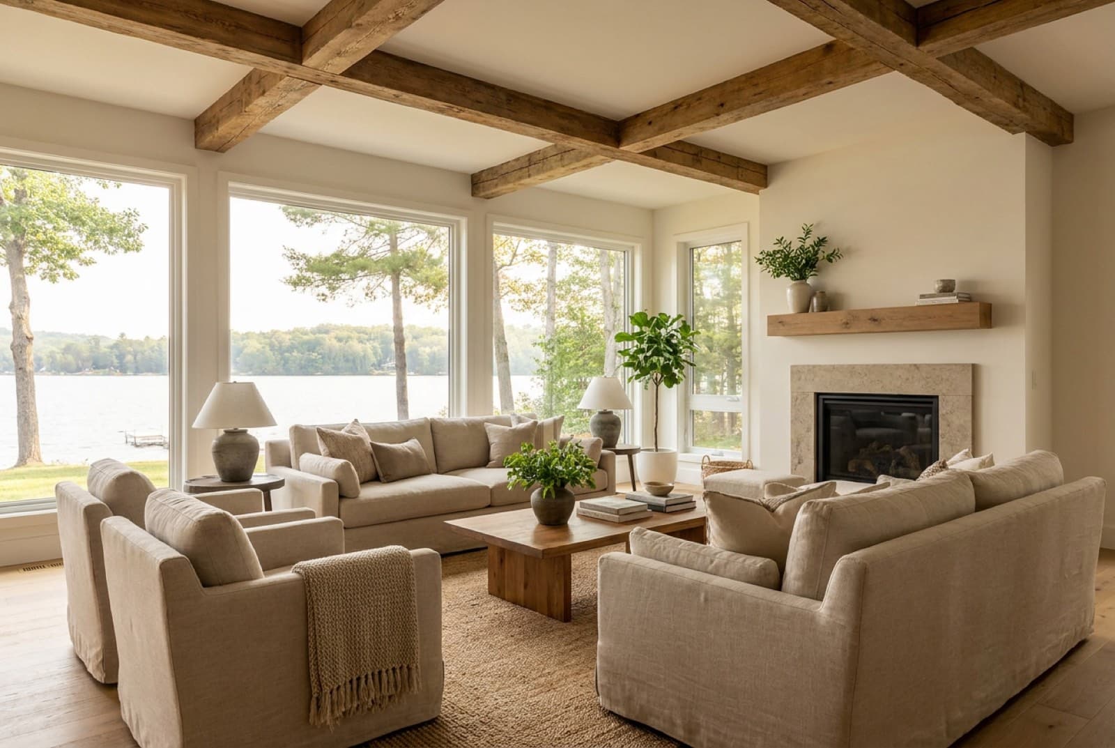 A bright lakeside living room